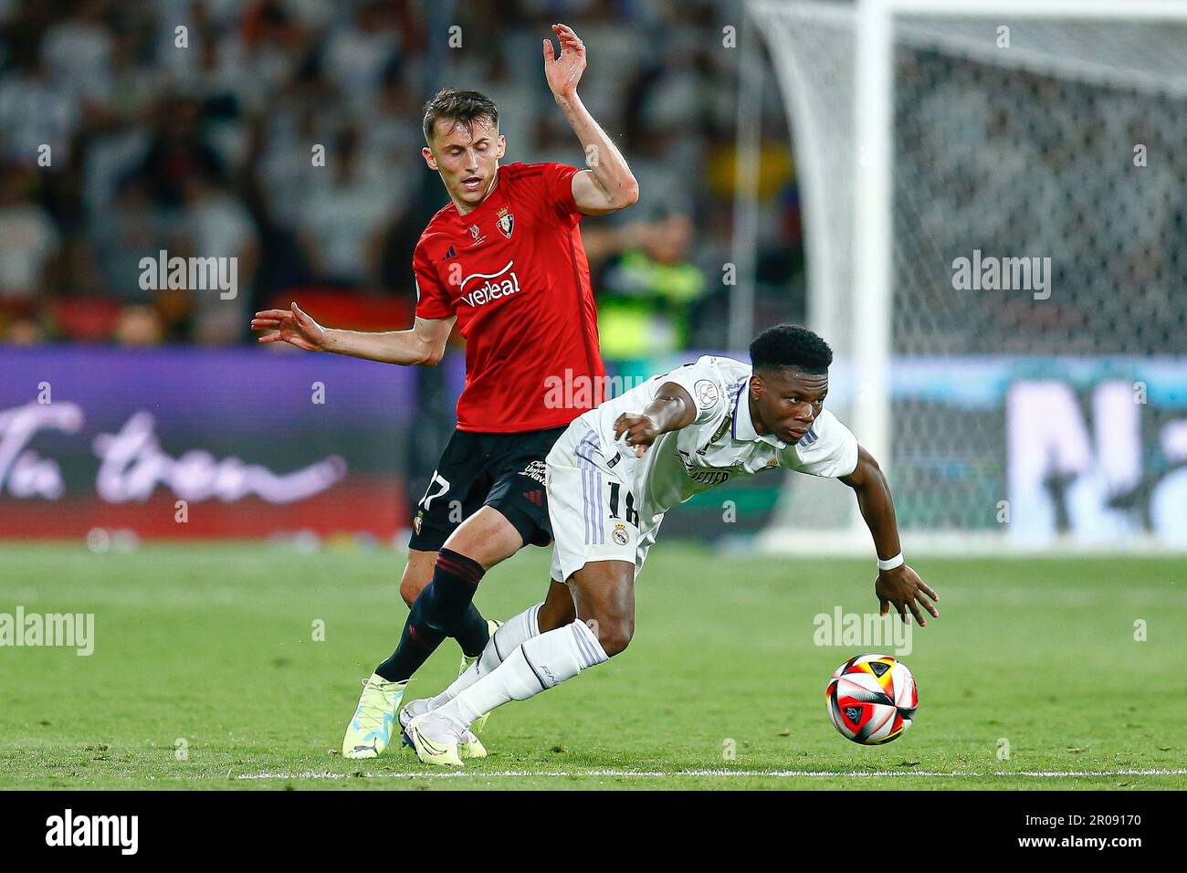 Aurelien Tchouameni of Real Madrid and Ante Budimir of CA Osasuna during  the Copa del Rey match between Real Madrid and CA Osasuna played at La  Cartuja Stadium on May 6, 2023