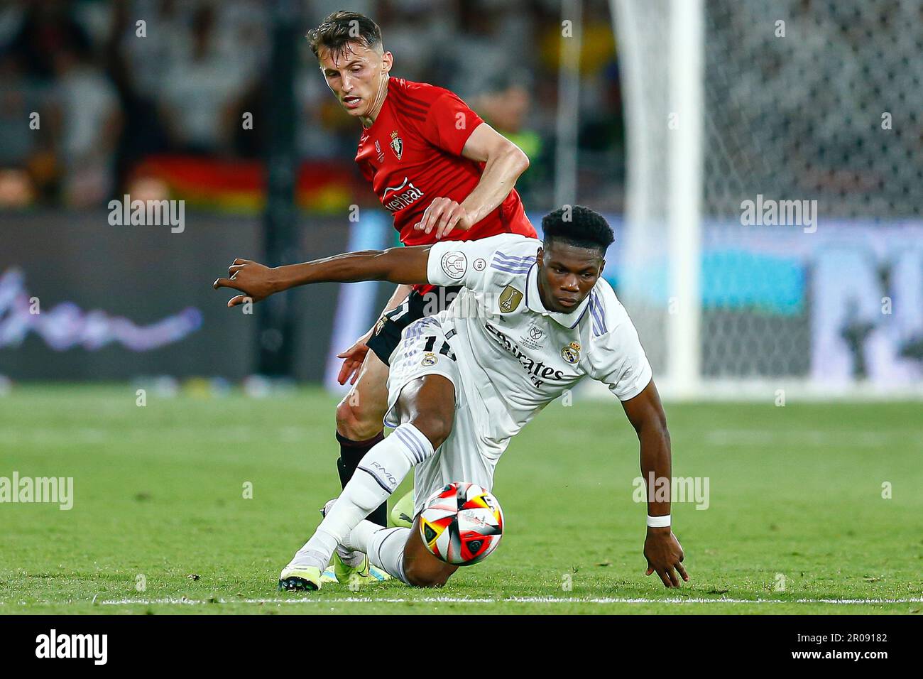 Aurelien Tchouameni of Real Madrid and Ante Budimir of CA Osasuna during  the Copa del Rey match between Real Madrid and CA Osasuna played at La  Cartuja Stadium on May 6, 2023