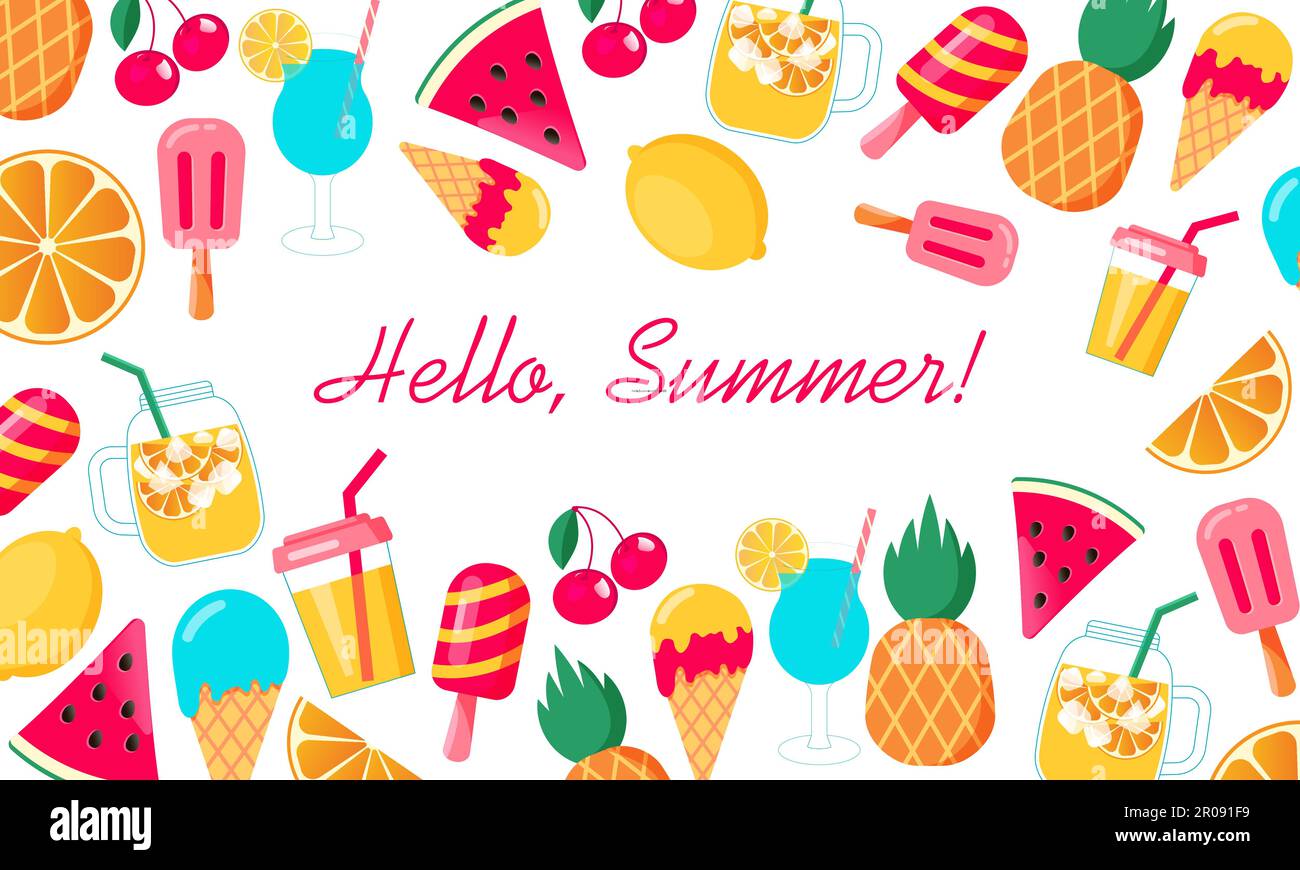 Hello summer banner with watermelon, oranges, drinks, coctails, lemon and cherry. Vector Illustration. Stock Vector