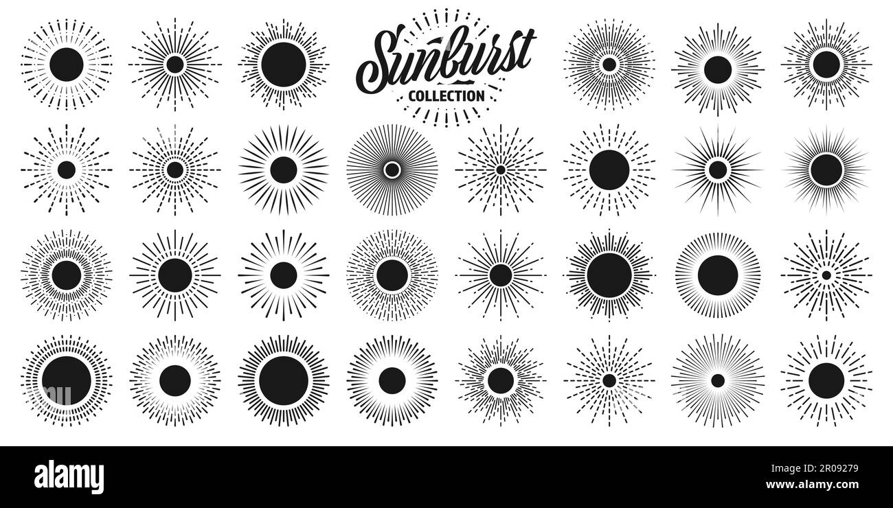 Vintage sunburst, sunset beams collection. Hand drawn bursting sun, light rays. Logotype or lettering design element in retro style. Vector Stock Vector