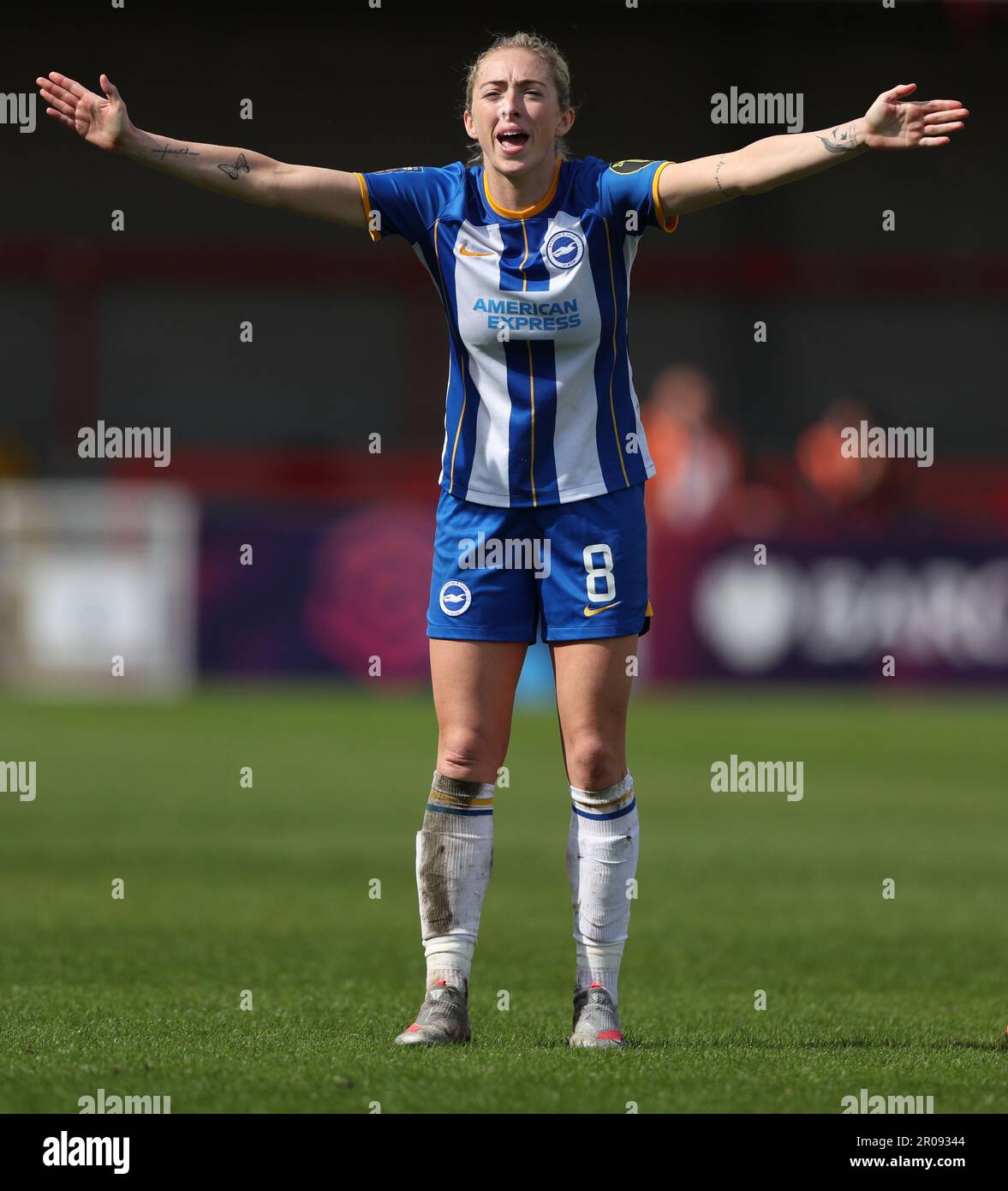 Crawley, UK. 7th May, 2023. Brighton's Megan Connolly gestures during the Barclays Women's Super League match between Brighton & Hove Albion and West Ham United at the Broadfield Stadium in Crawley. Credit: James Boardman/Alamy Live News Stock Photo