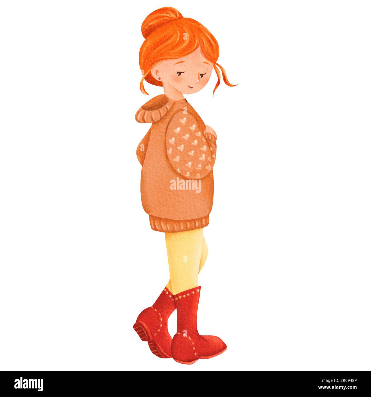 confused cute redhaired girl looks back. The teenager is dressed in a