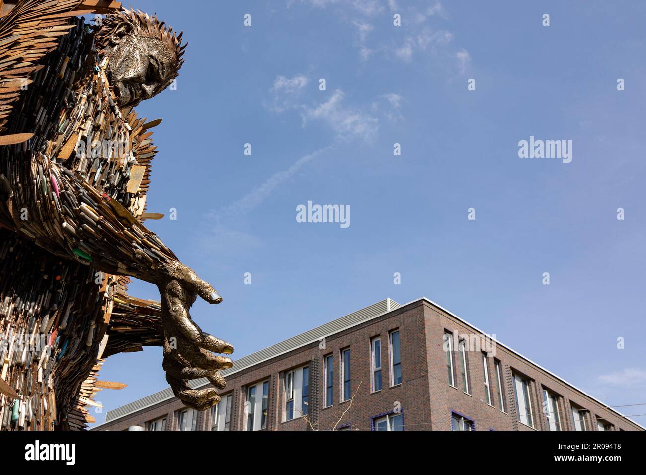 Hanley-Stoke-on-Trent, Staffordshire-United Kingdom April 24,2022 the national acclaimed Knife Angel statue spent most of April at Smithfield business Stock Photo