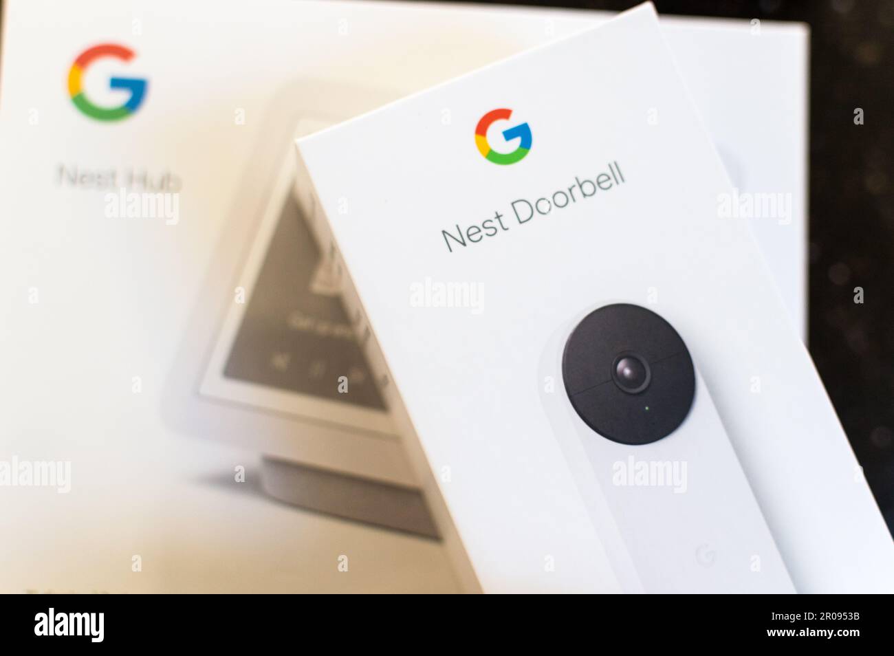 Google Nest Doorbell and Google Hub pack Stock Photo