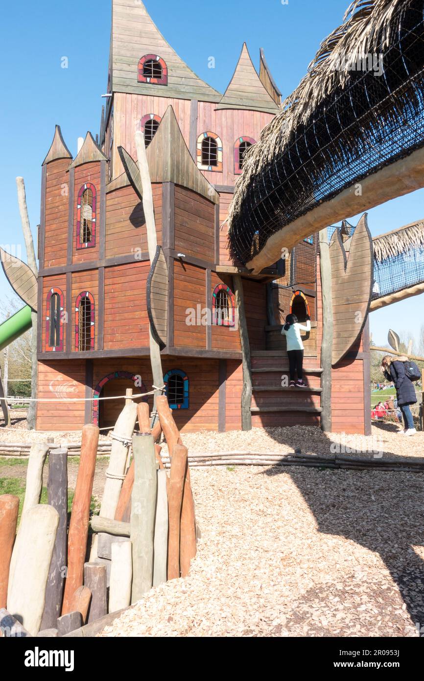 Wooden tree house structure at children activity center Stock Photo