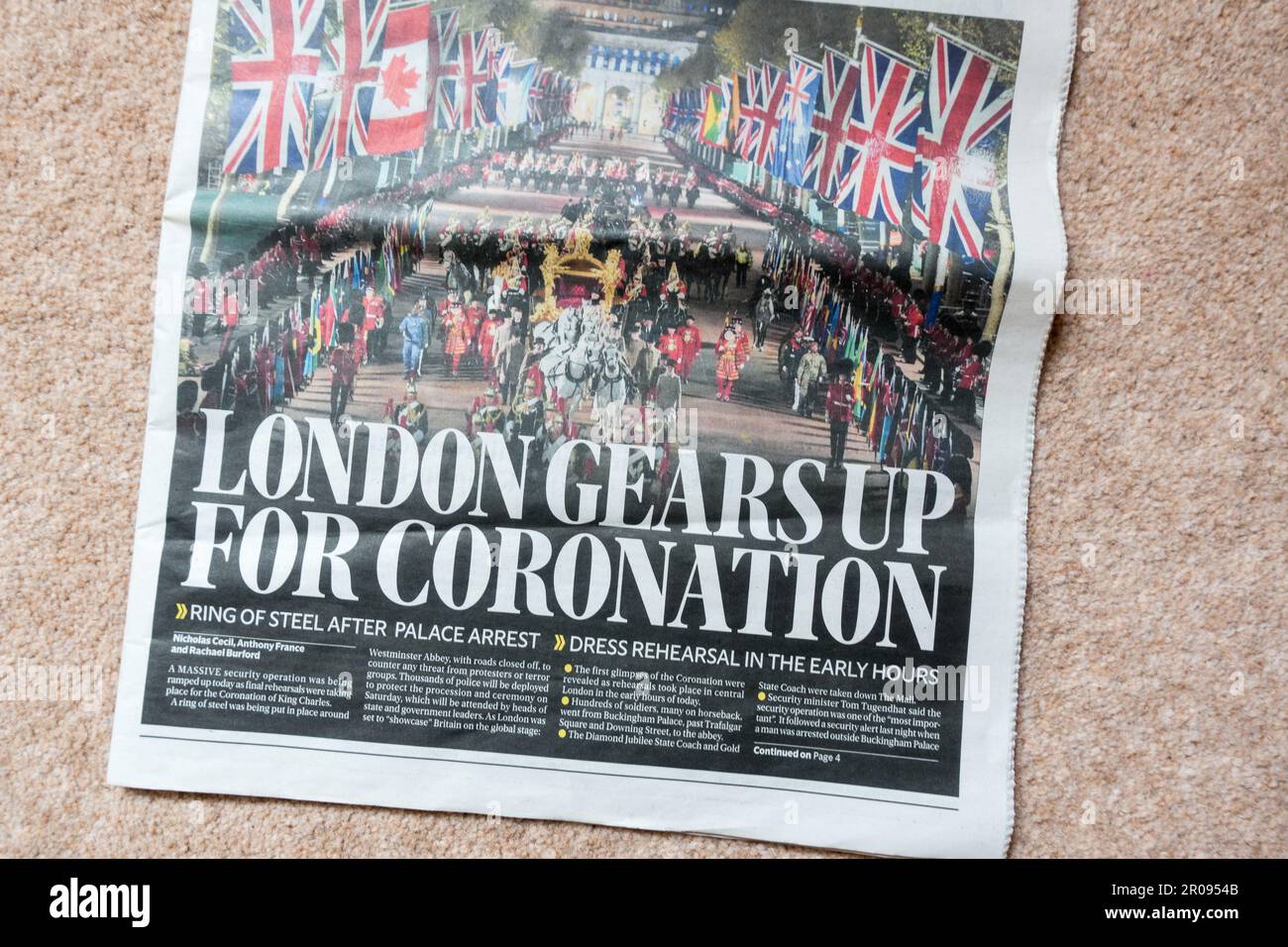 Newspaper article of Coronation day rehearsal Stock Photo
