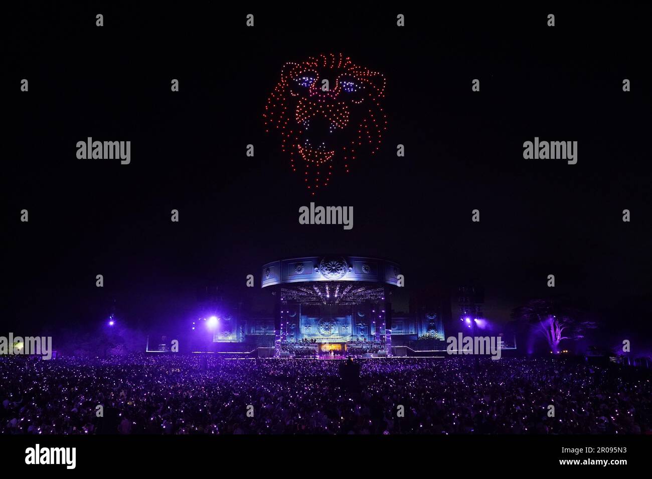 A drone light display at the Coronation Concert held in the grounds of Windsor Castle, Berkshire, to celebrate the coronation of King Charles III and Queen Camilla. Picture date: Sunday May 7, 2023. Stock Photo