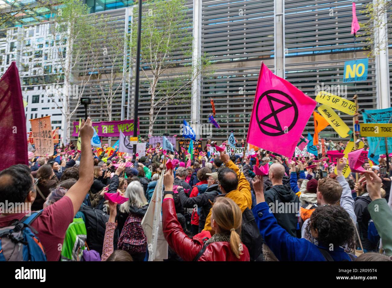 Protesters gathered outside the Home Office in protest at the government’s Illegal Migration Bill, including Extinction Rebellion activists Stock Photo