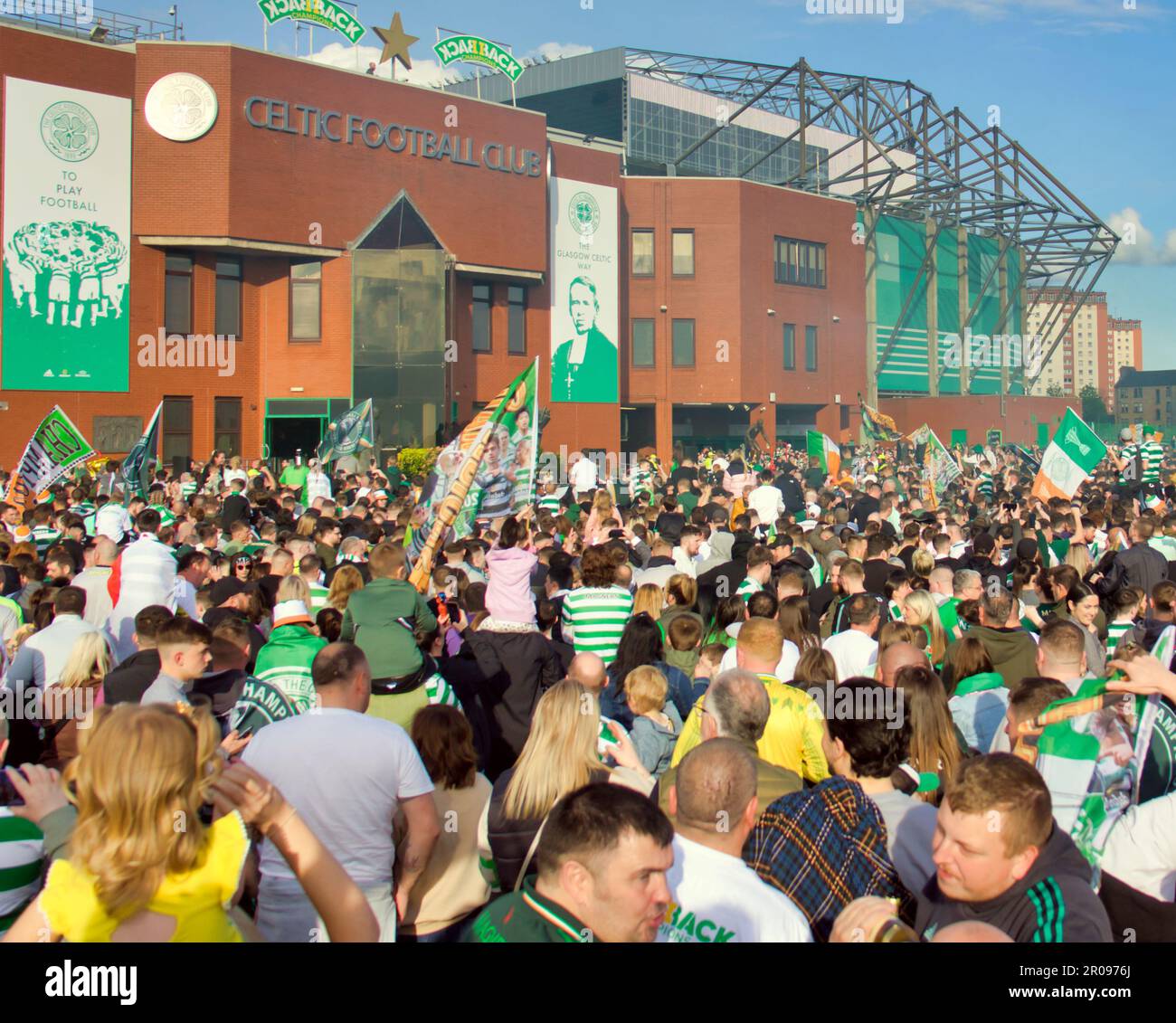 Glasgow, Scotland, UK 7th May, 2023.  Celtic park championship celebration saw massive crowds descend on the clubs stadium the biggest event this weekend and a strong police presence in the city centre. Credit Gerard Ferry/Alamy Live News Stock Photo