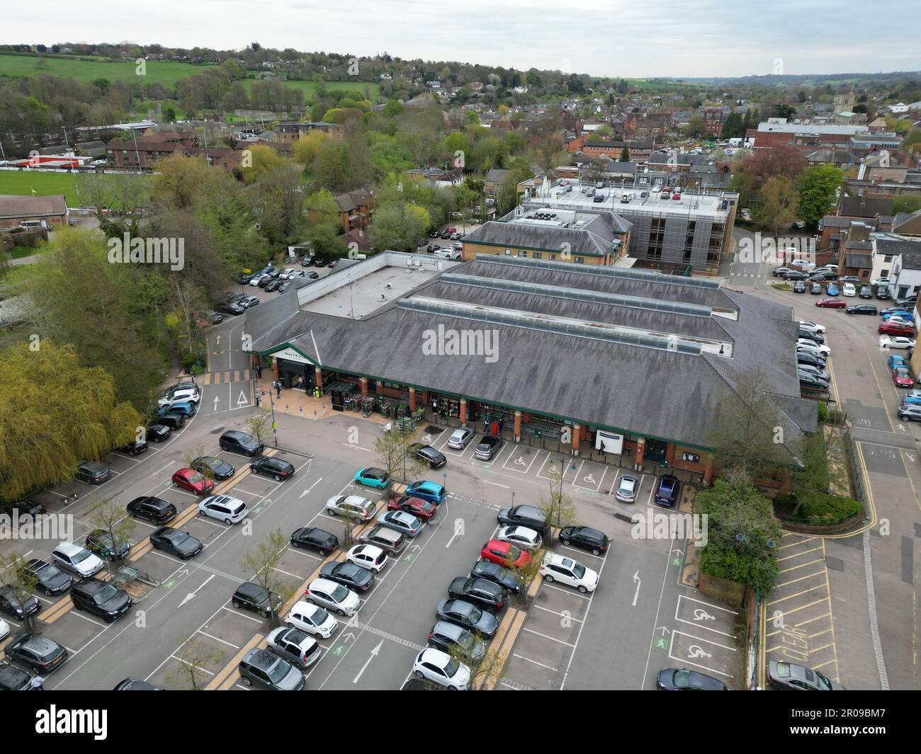 Waitrose supermarket Berkhamsted town Hertfordshire, UK drone aerial view Stock Photo