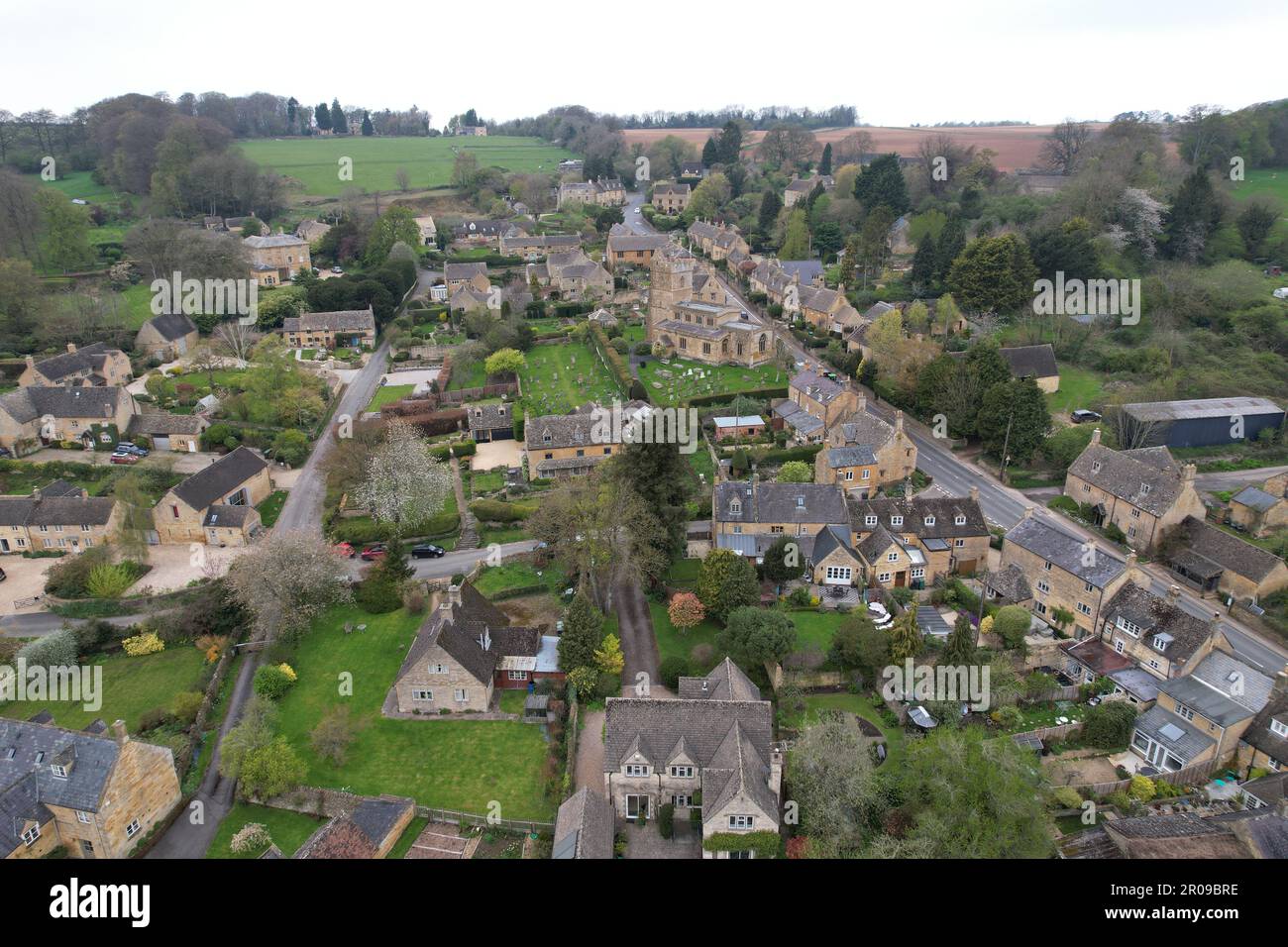 Bourton on the Hill Cotswold village UK drone aerial view Stock Photo