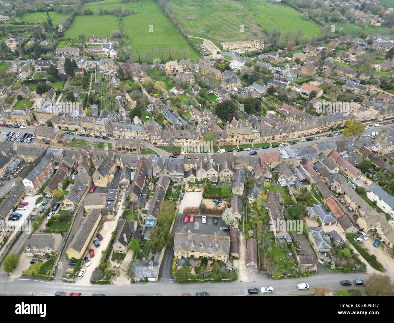 Chipping Campden Cotswold UK market town high establishing shot drone