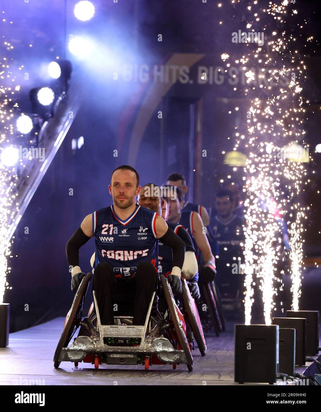 Cardiff, UK. 07th May, 2023. Jonathan Hivernat of France leads out his team. Great Britain v France, Final match, 2023 Wheelchair rugby European championship, final day at the Principality Stadium in Cardiff on Sunday 7th May 2023. pic by Andrew Orchard/Andrew Orchard sports photography/ Alamy Live News Credit: Andrew Orchard sports photography/Alamy Live News Stock Photo