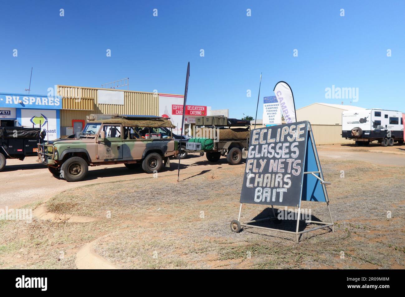 Last stop for supplies before remote bush camping at Ningaloo for the 20 April 2023 eclipse, Carnarvon, Western Australia. No MR or PR Stock Photo