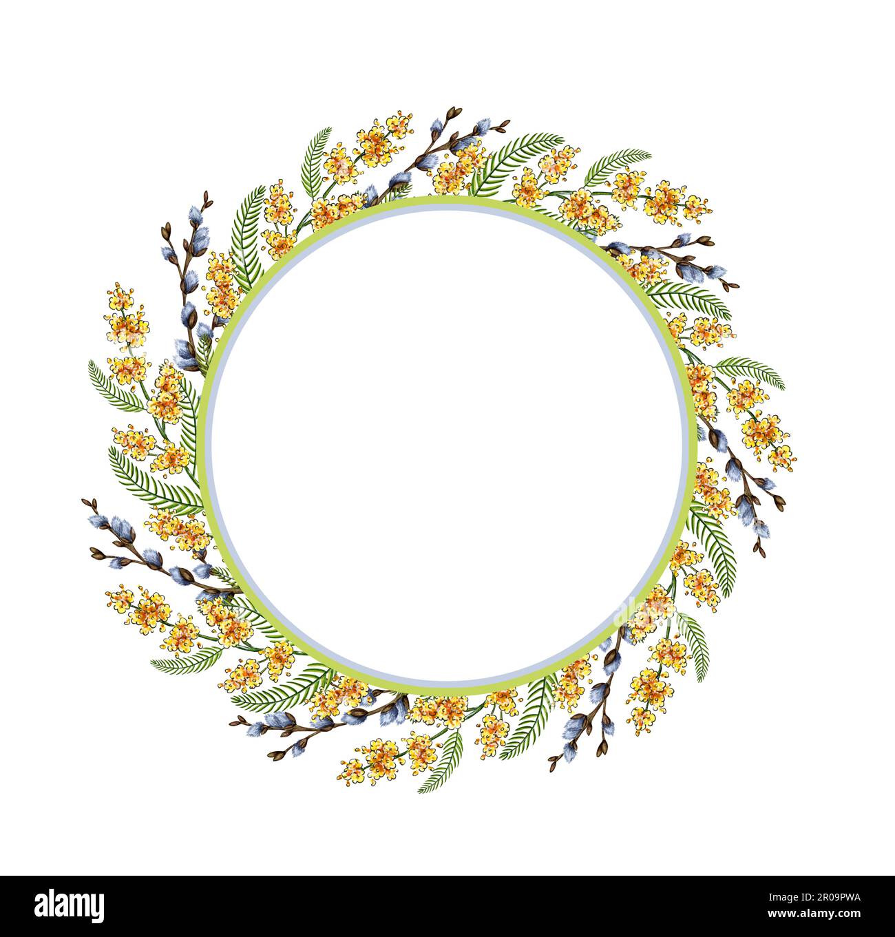 Watercolor illustration frame of spring flowers and wreath branches ...