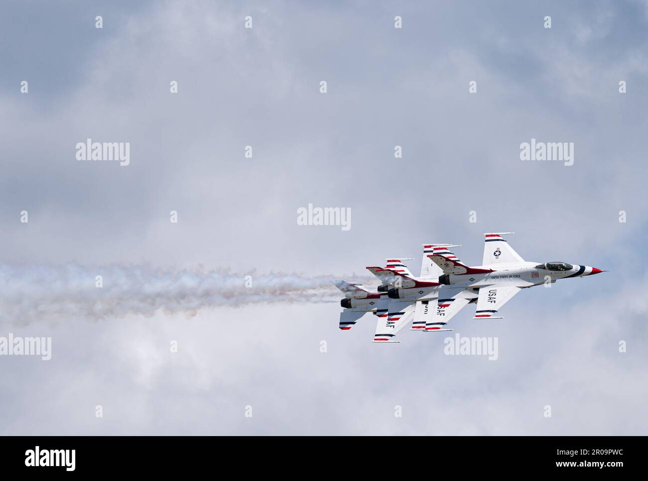 The united states air force thunderbirds fly in a trail formation