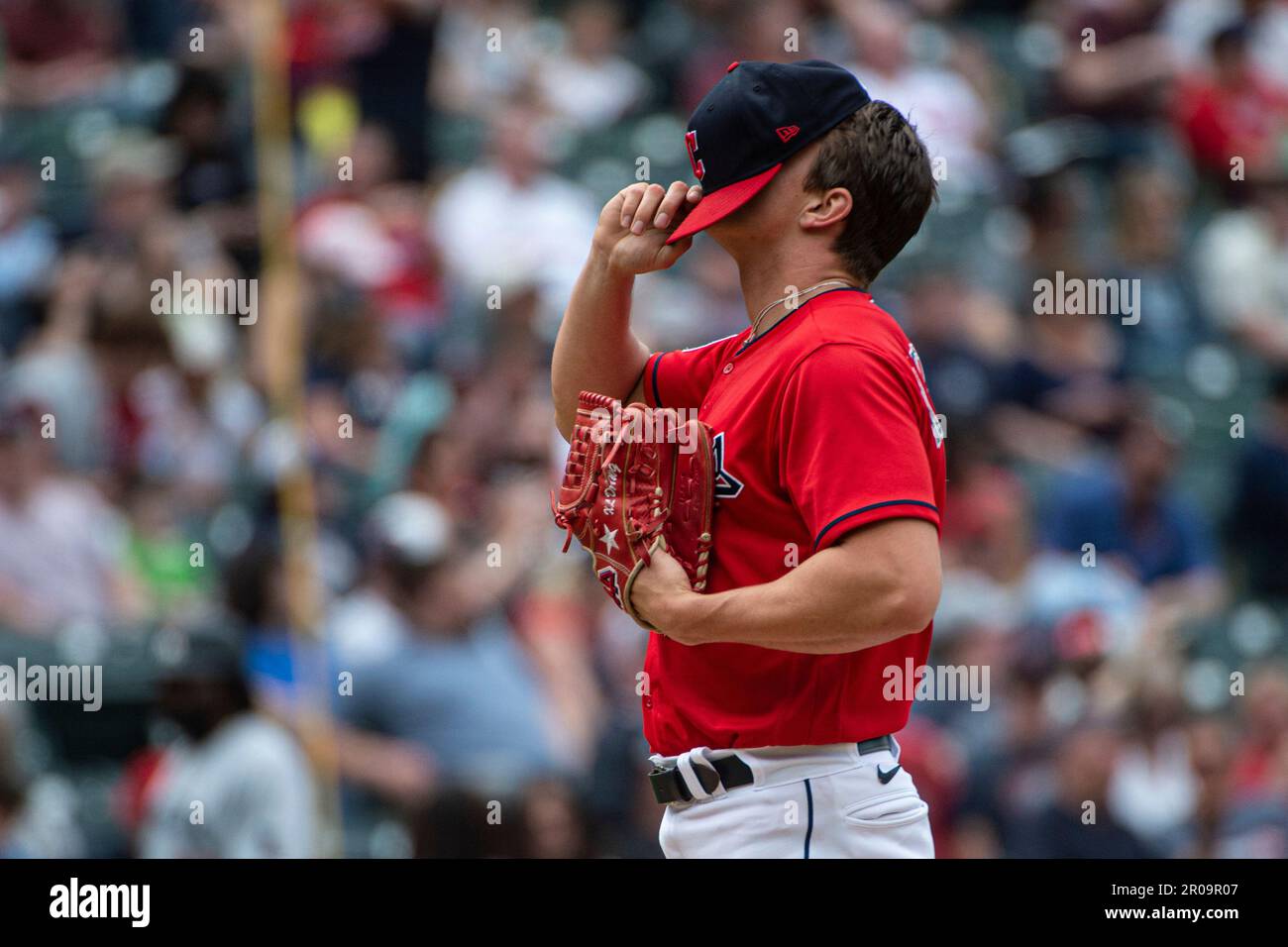 Cleveland Guardians relief pitcher James Karinchak pauses before