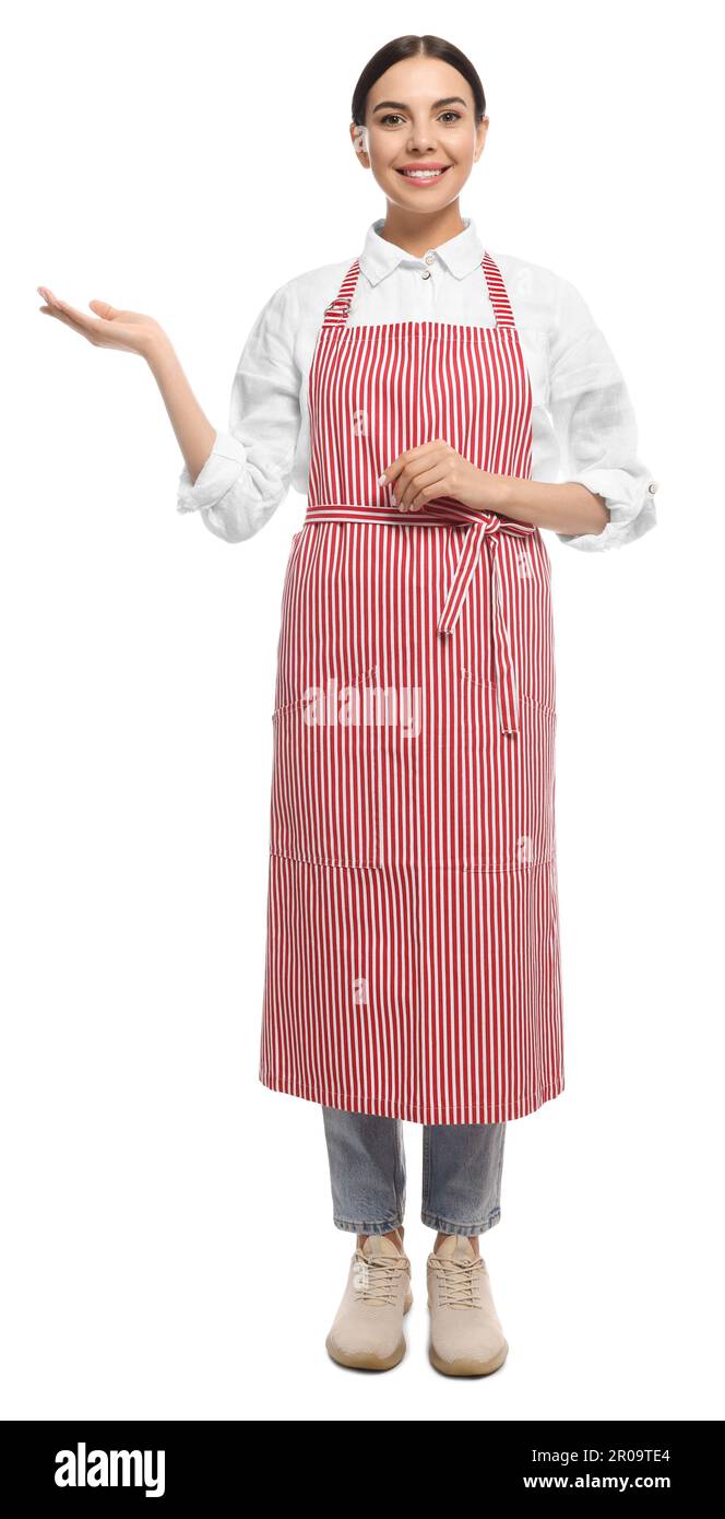 Young woman in red striped apron on white background Stock Photo - Alamy