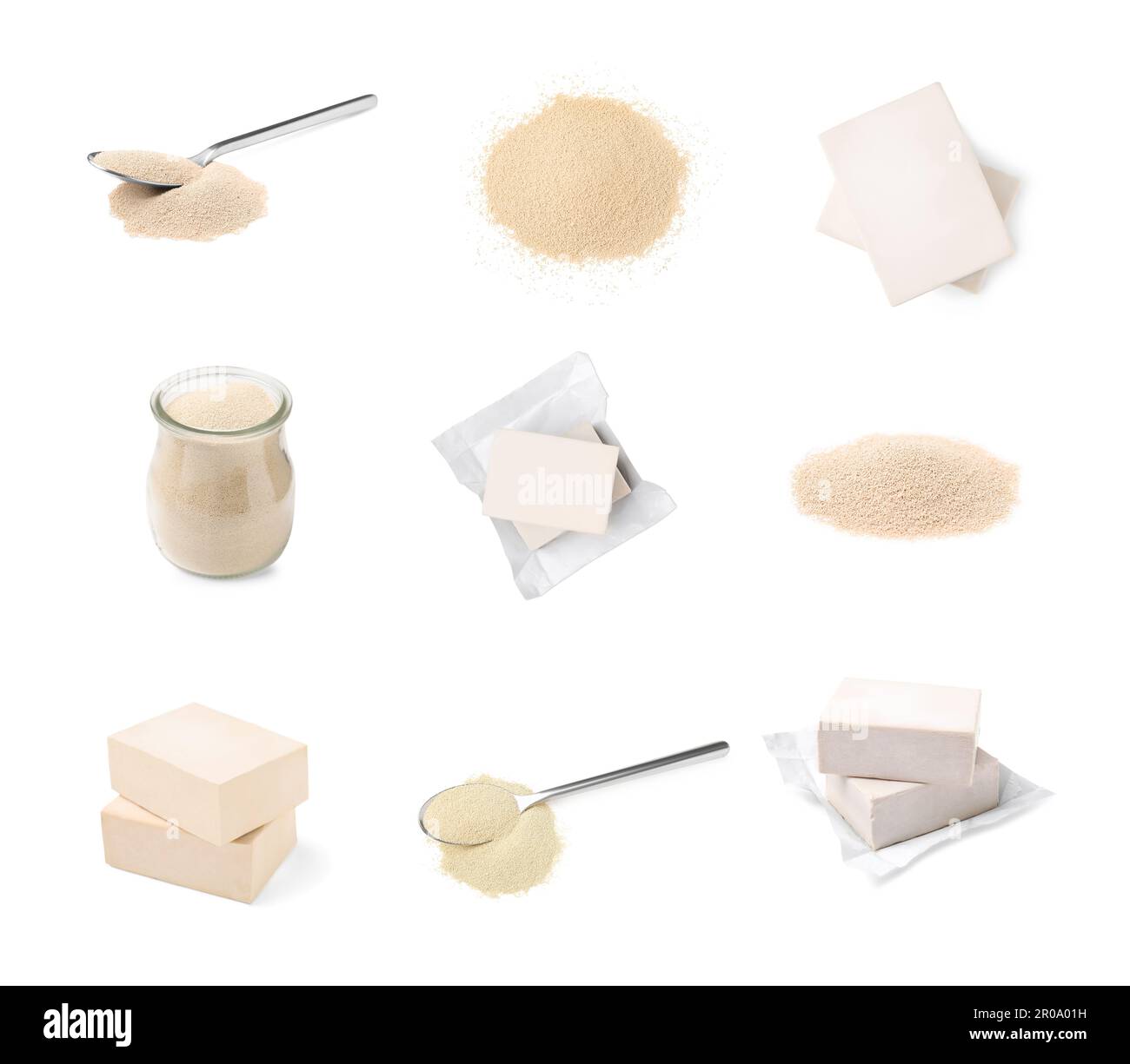 Set with different yeast on white background Stock Photo