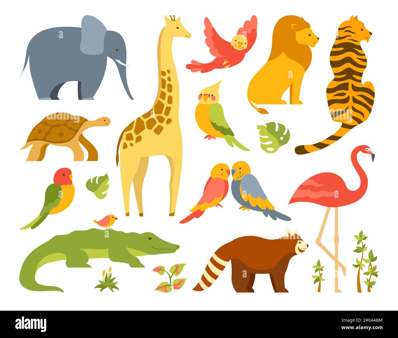 Tropical exotic animal cute cartoon set. Funny Hawaiian parrot, African