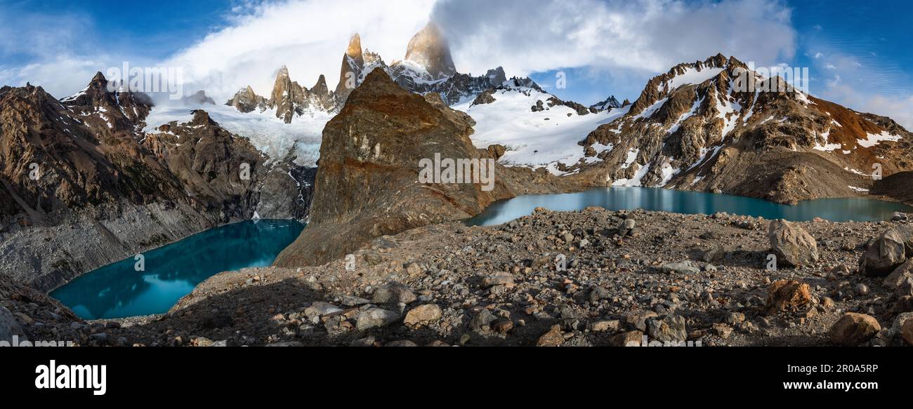 Panoramic Landscape Laguna de Los Tres and Fitz Roy Montain in El Chalten Patagonia Argentina Stock Photo