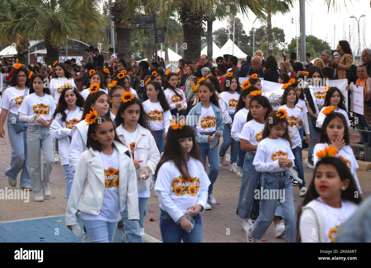 Larnaca, Cyprus. 7th May, 2023. Girls attend a parade during a flower