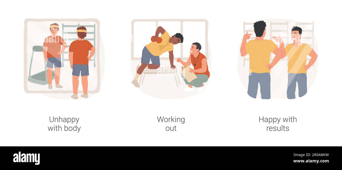 Stay fit isolated cartoon vector illustration set. Unhappy with body