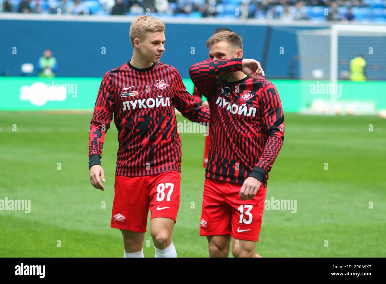 Saint Petersburg, Russia. 07th May, 2023. Daniil Zorin (No.87), Maciej Rybus (No.13) of Spartak in action during the Russian Premier League football match between Zenit Saint Petersburg and Spartak Moscow at Gazprom Arena. Zenit 3:2 Spartak. Credit: SOPA Images Limited/Alamy Live News Stock Photo
