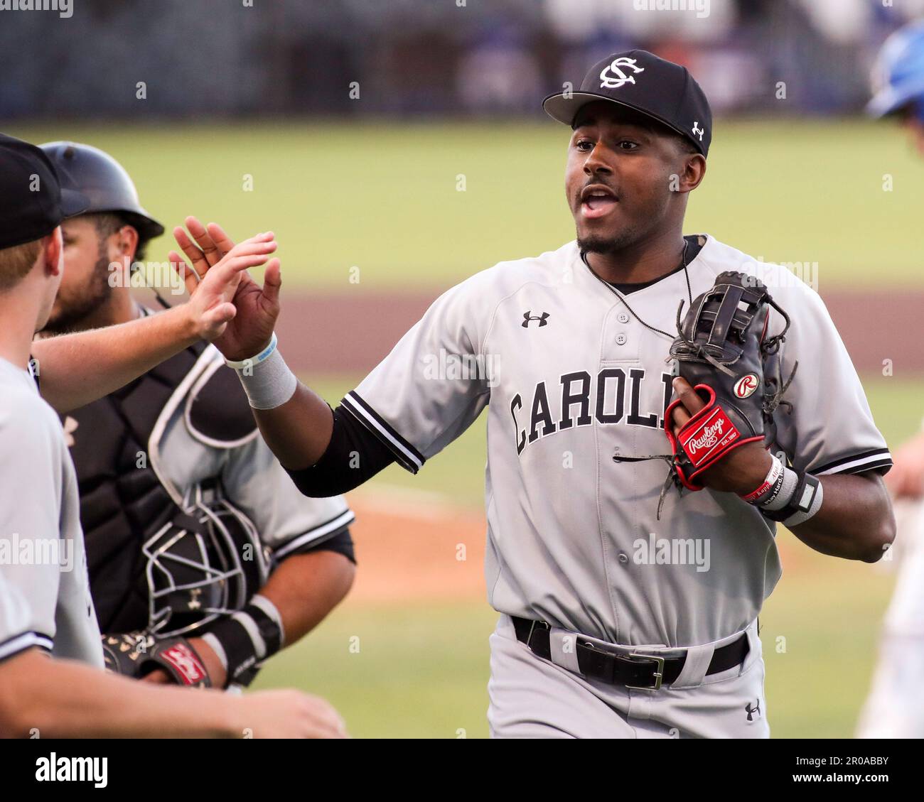 South Carolina Gamecocks third baseman Michael Braswell (7) on defense  against the Charlotte 49ers at Truist Field on March 21, 2023 in Charlotte,  North Carolina. (Brian Westerholt/Four Seam Images via AP Stock