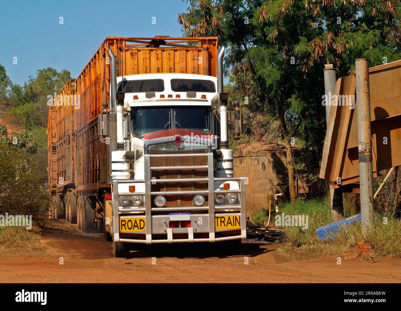 Huge road train used for transporting cattle through Western Australia and the Australian outback Stock Photo