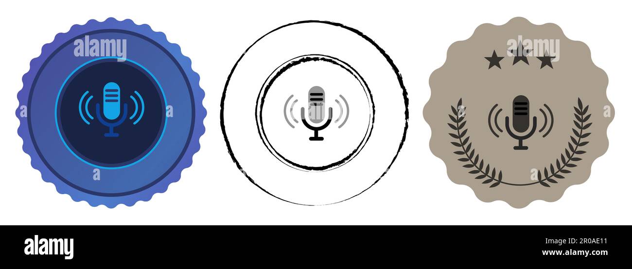 Podcast radio broadcasting music voice speech competition contest medal blue black stamp flat championship Stock Vector