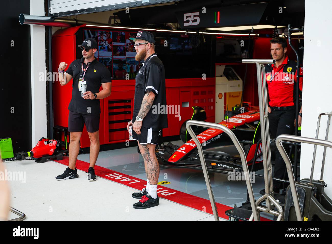 Jake Paul in front of the Scuderia Ferrari garage, during the Formula 1  Crypto.com Miami Grand Prix 2023, 5th round of the 2023 Formula One World  Championship from May 05 to 07,
