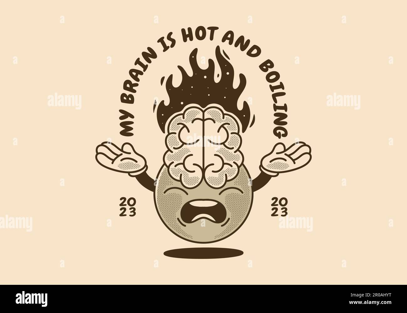 Vintage mascot character design ball head with big brain and fire