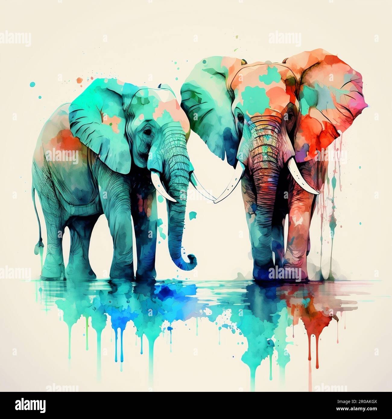 A vibrant and cheerful illustration featuring two elephants embracing