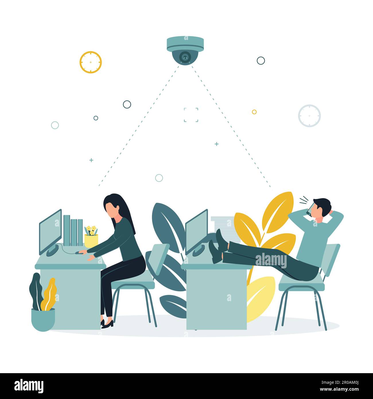 CCTV. Vector illustration a surveillance camera takes pictures as a man in the office at the workplace leaned back in his chair, put his legs on the Stock Vector