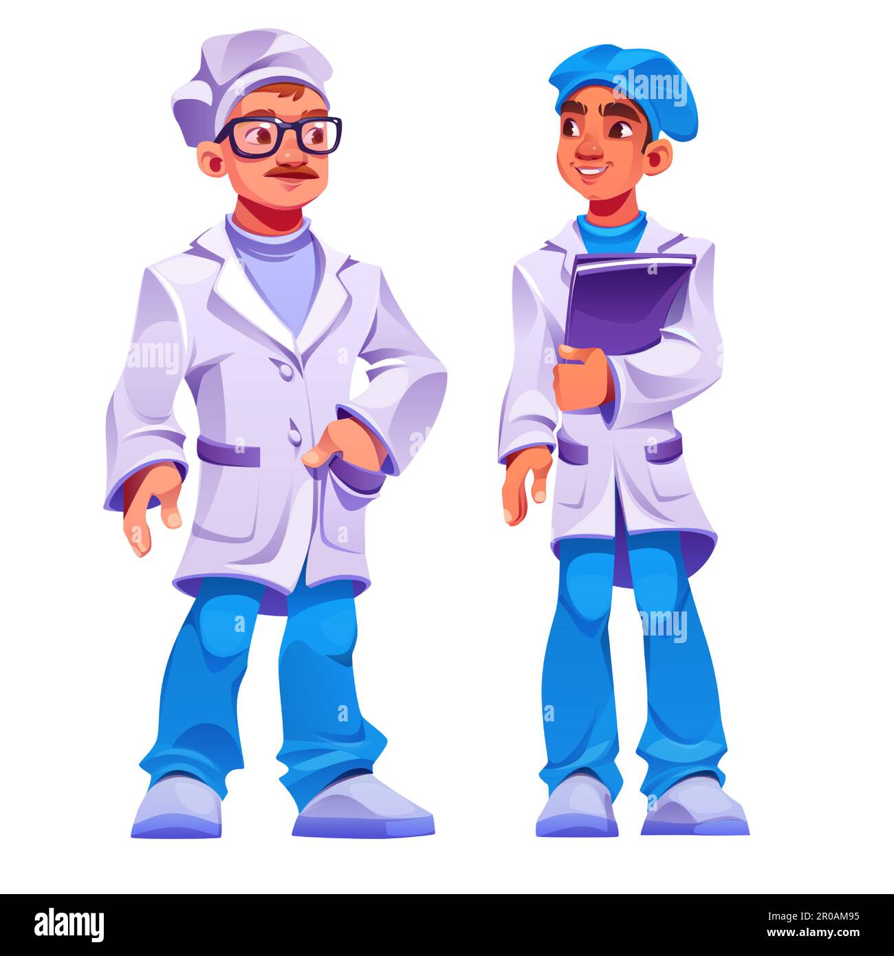 Cartoon doctor character team set vector illustration. Medical group with male professional staff. Standing therapist with stethoscope or dentist in uniform isolated on white background. Stock Vector