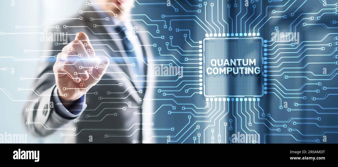 Quantum computing concept. The inscription on the processor icons. Clicking on the virtual screen. Stock Photo