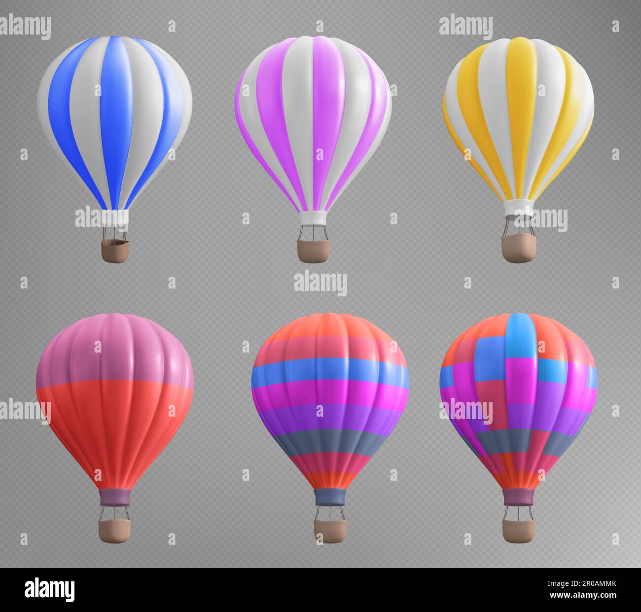 3d isolated hoy air balloon basket travel illustration on transparent background. Realistic aerostat set in red, blue and pink stripe for adventure and recreation. Summer ballooning leisure journey Stock Vector