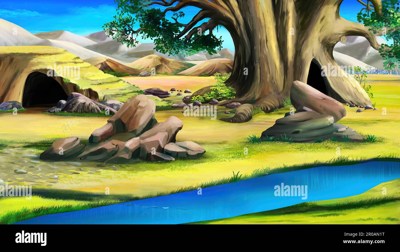 Big rock and cave near a small river in the African savannah on a sunny ...
