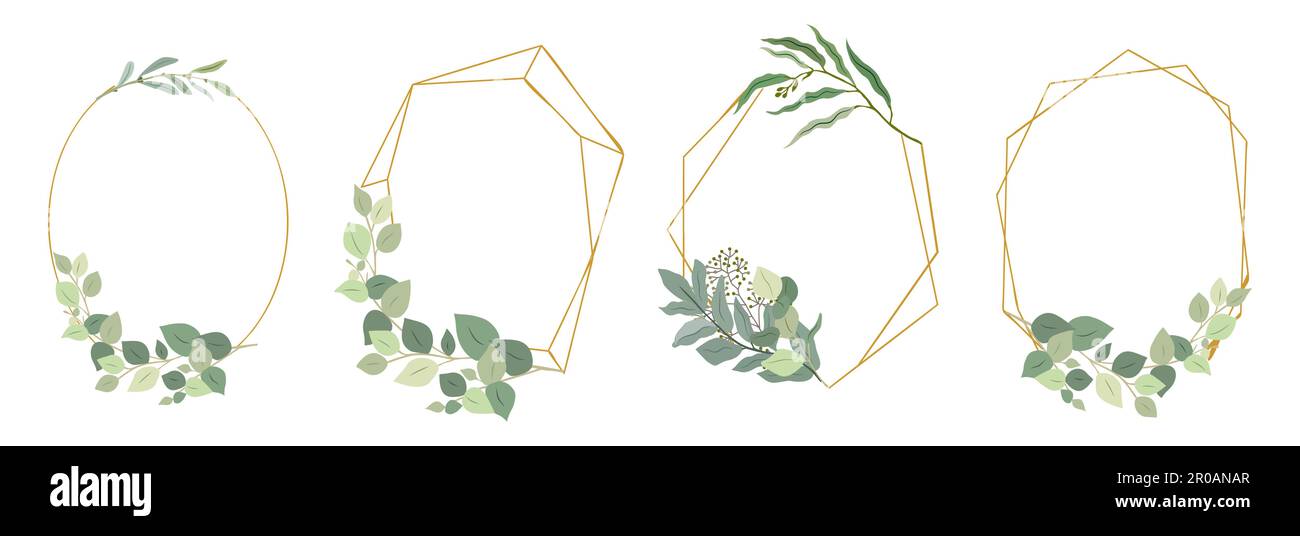 Set of golden geometric frames with eucalyptus. Stock Vector