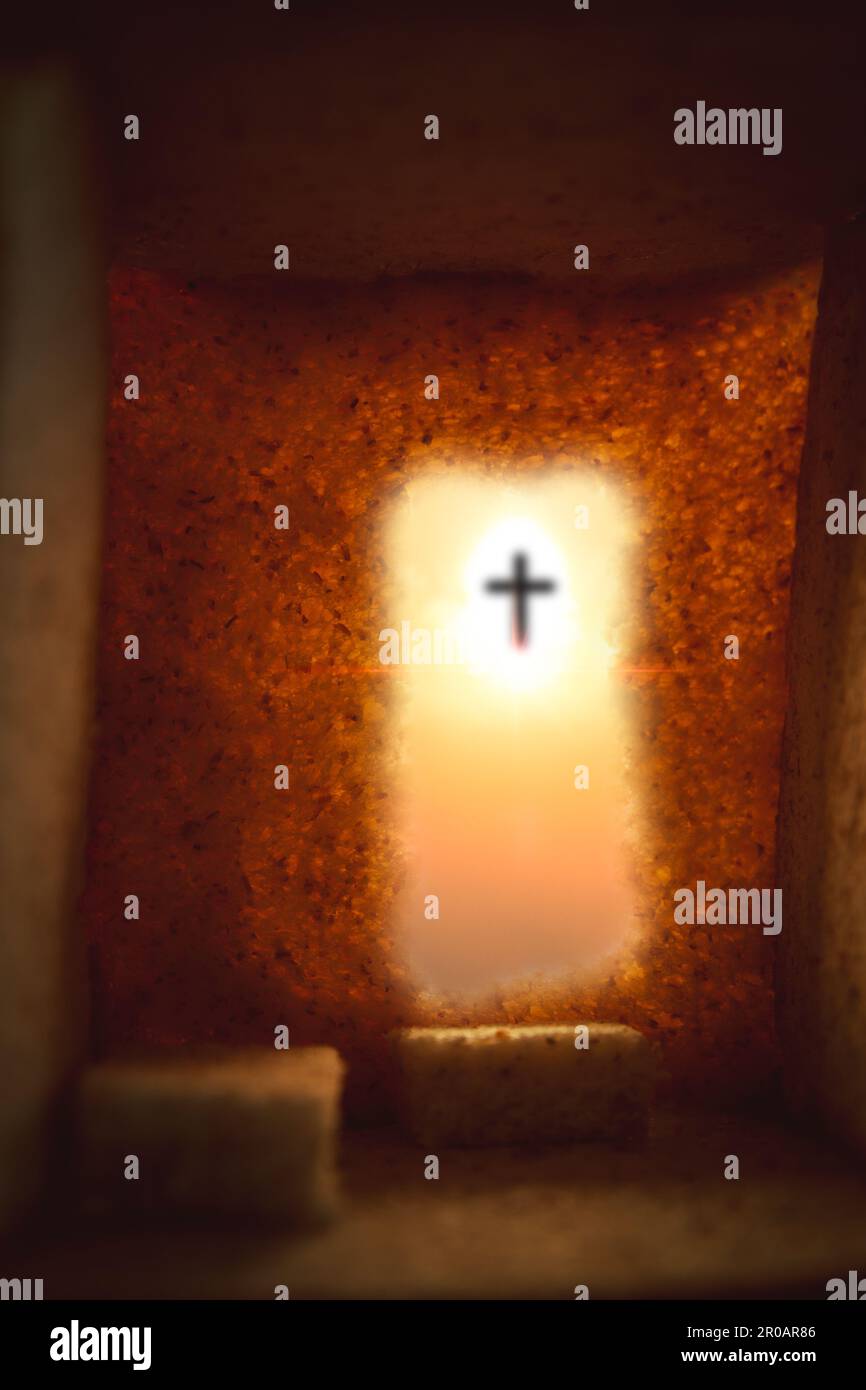 cave or tunnel It is the tomb where his lifeless body is placed. The concept of the resurrection of Jesus in Christianity. Crucifixion on Calvary or G Stock Photo