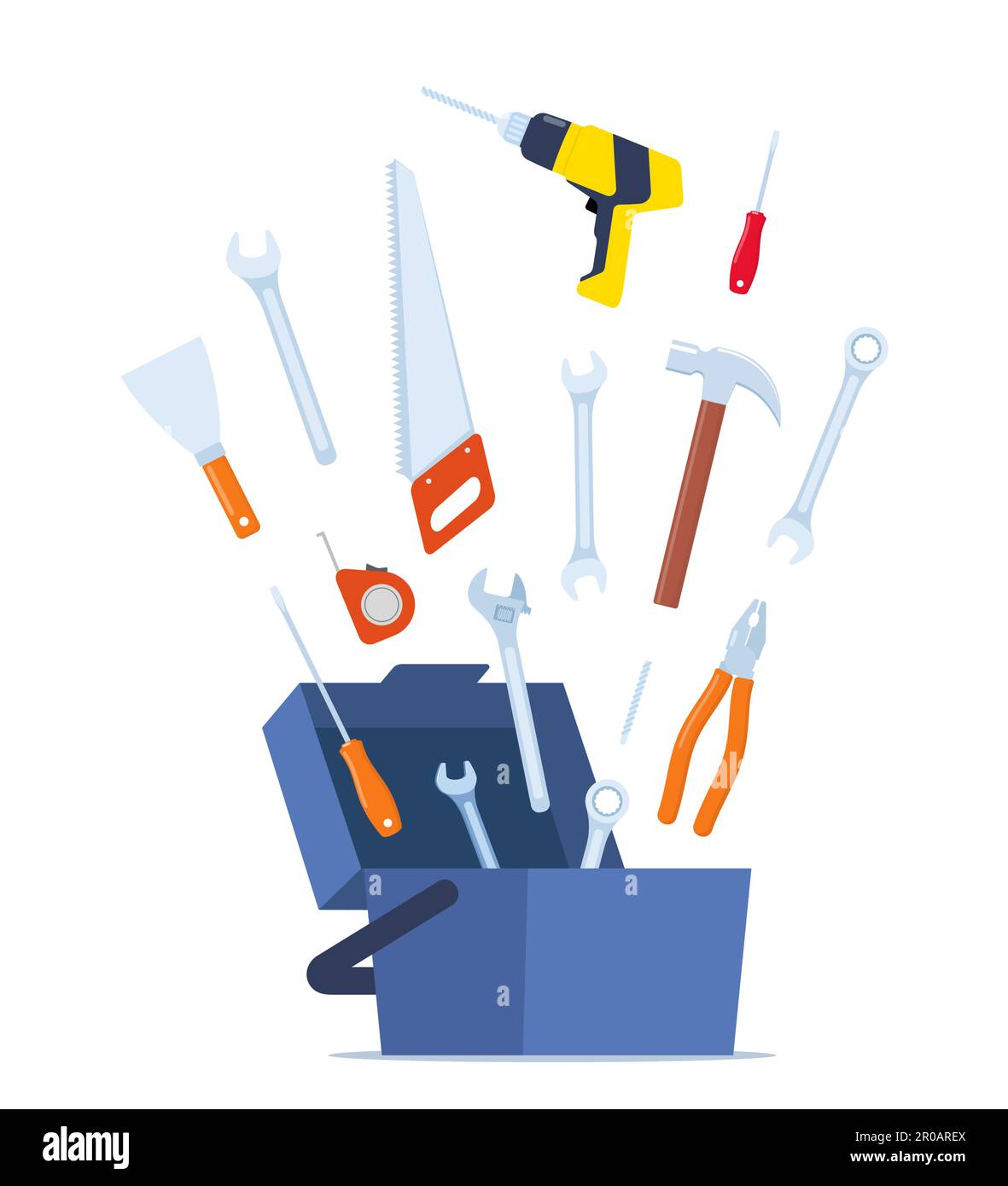 Opened toolbox with tools putting in it. Workman's toolkit. Instruments