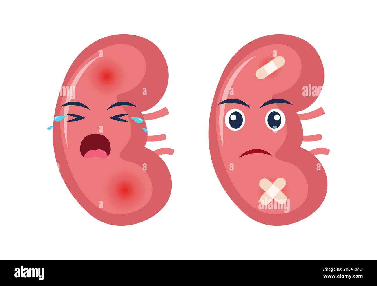 Sick kidney with pain ache or disease. Sad cartoon character kidney