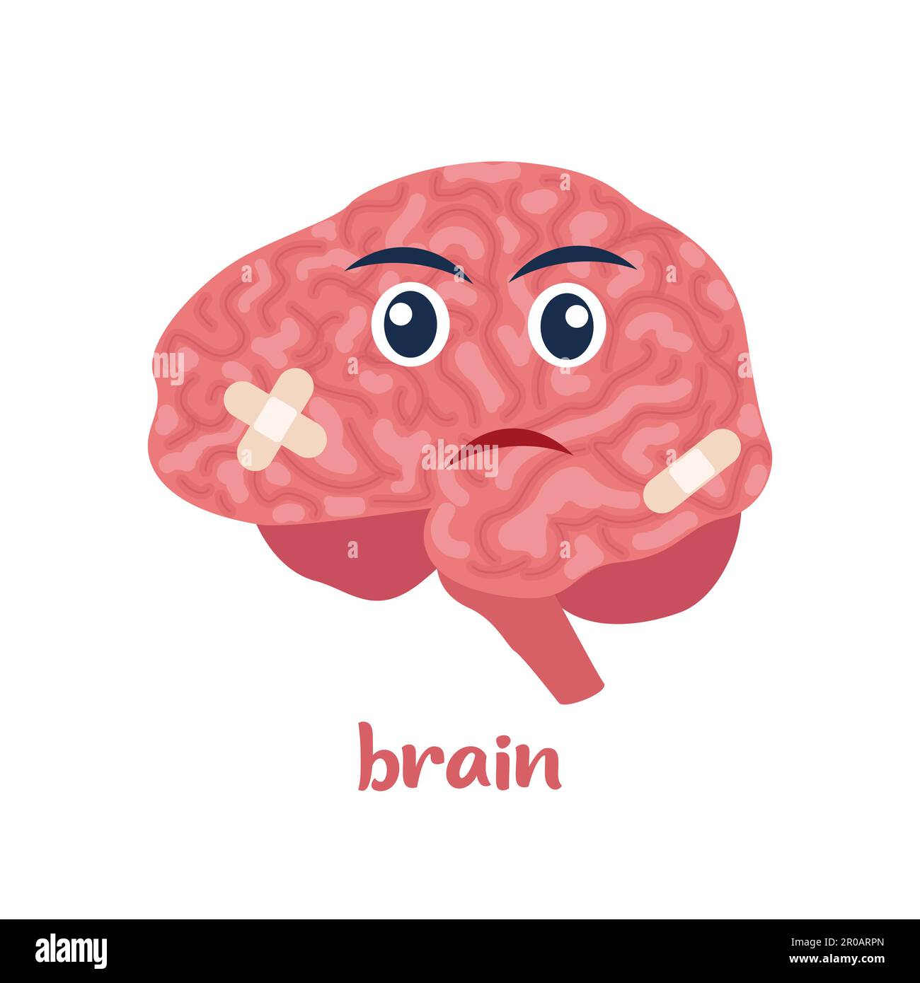 Sick brain with pain ache or disease. Sad cartoon character brain, body organ injured or unhealthy. Human cartoon anatomy, kids medicine. Vector illus Stock Vector