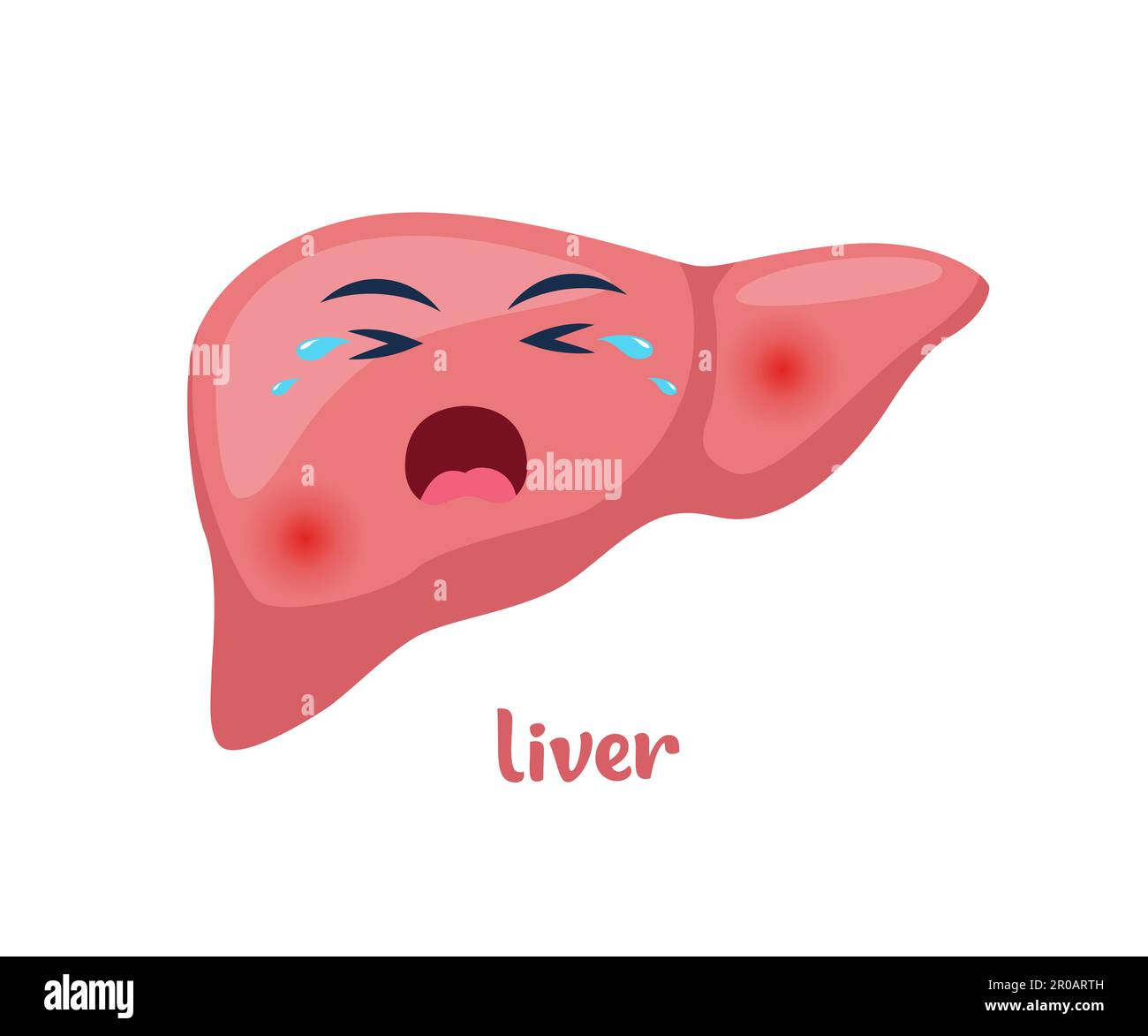 Sick liver with pain ache or disease. Sad cartoon character liver, body
