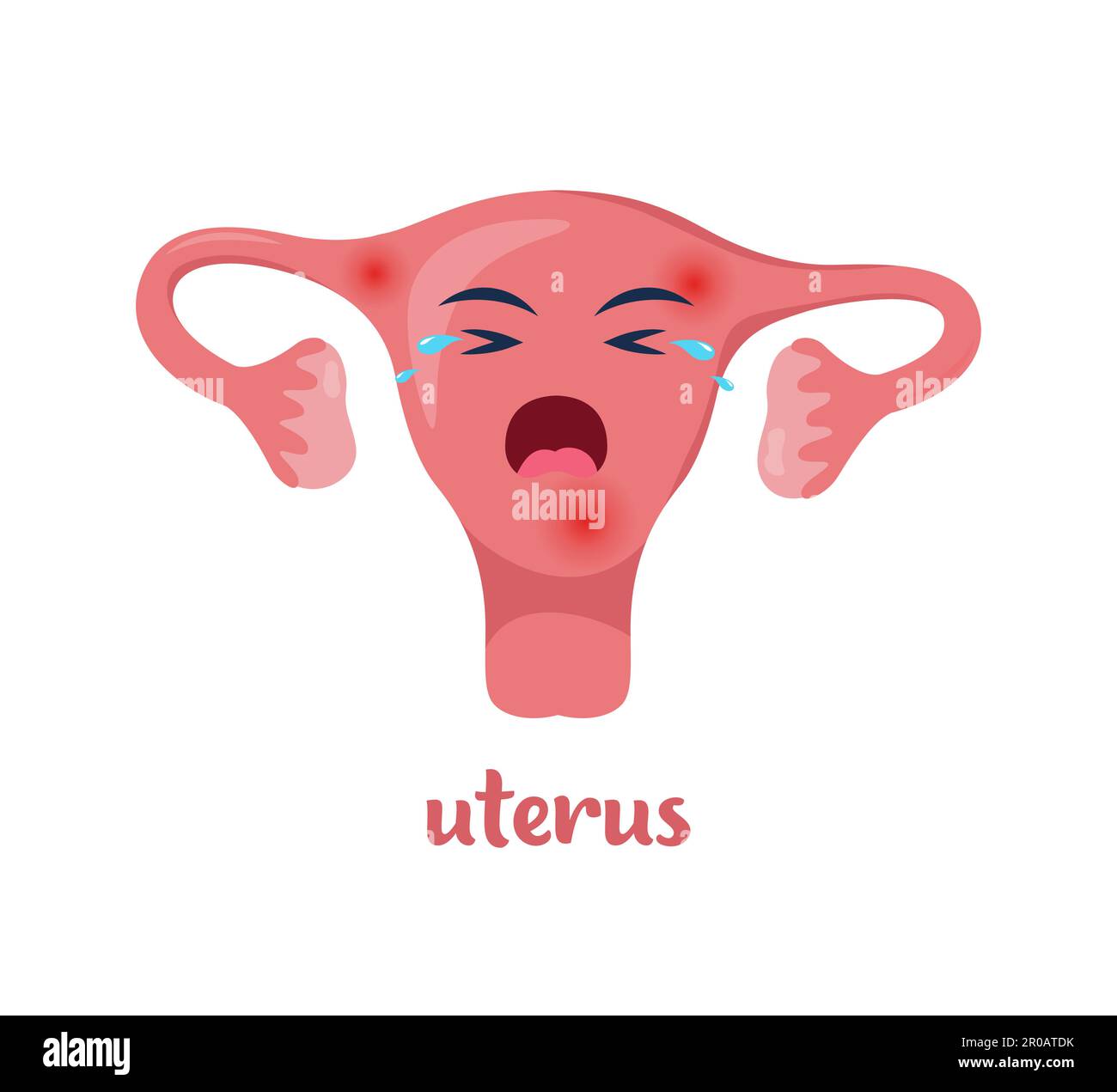 Sick uterus with pain ache or disease. Sad cartoon character uterus