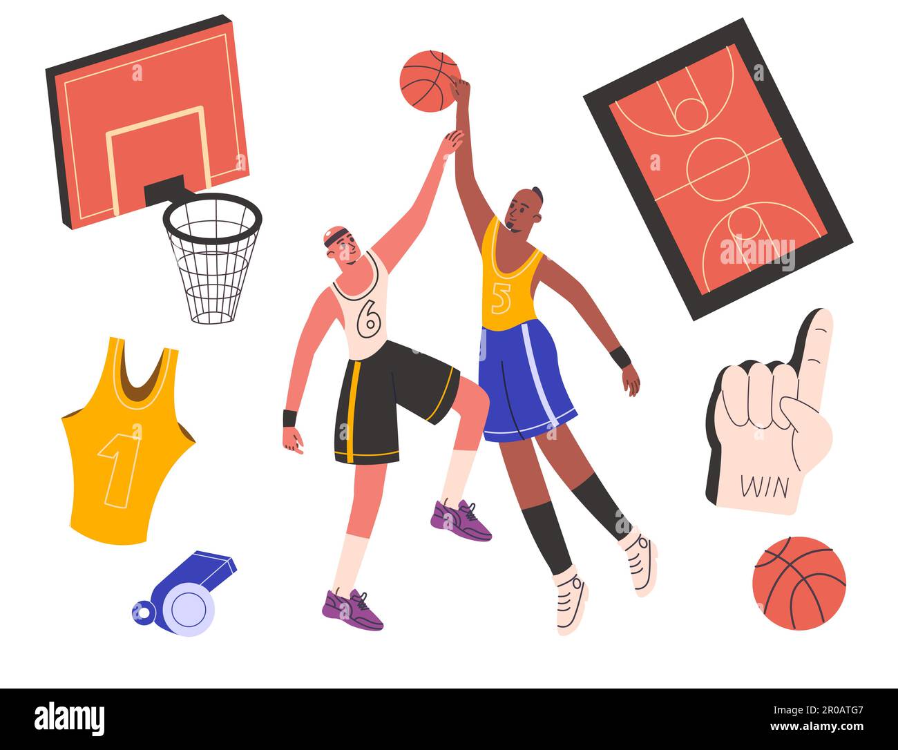 Basketball elements. Cartoon athletes characters fighting for ball. Professional sports equipment. Playground with basket. Whistle athletic uniform Stock Vector