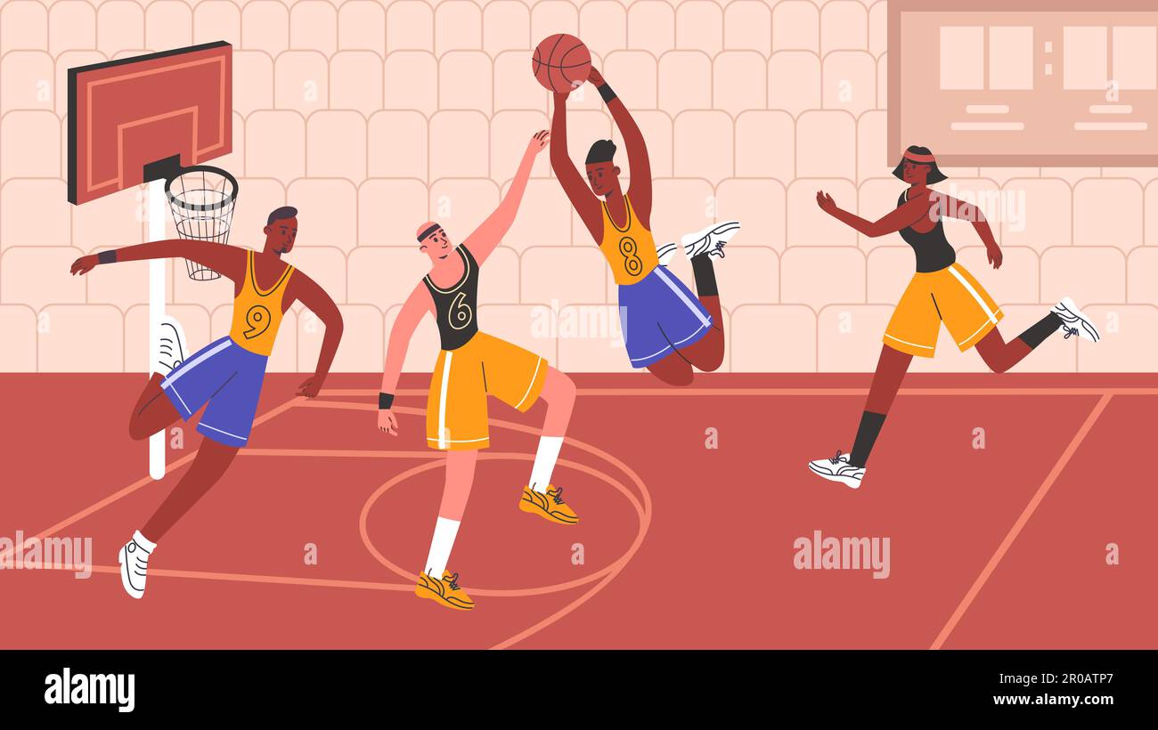 Basketball match. Professional athletes in uniform play on indoor court. Sportsman characters in different poses. Streetball defense and attack Stock Vector