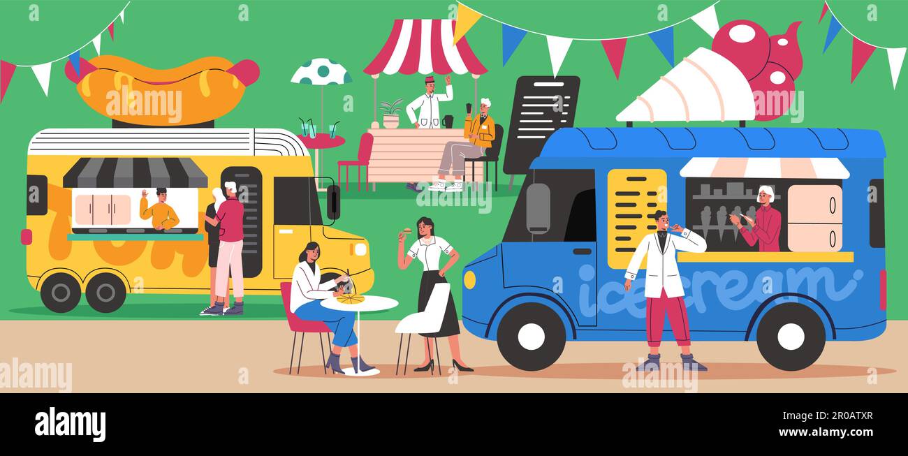 Street fast food festival. Cafe trucks market. Vendor at counter