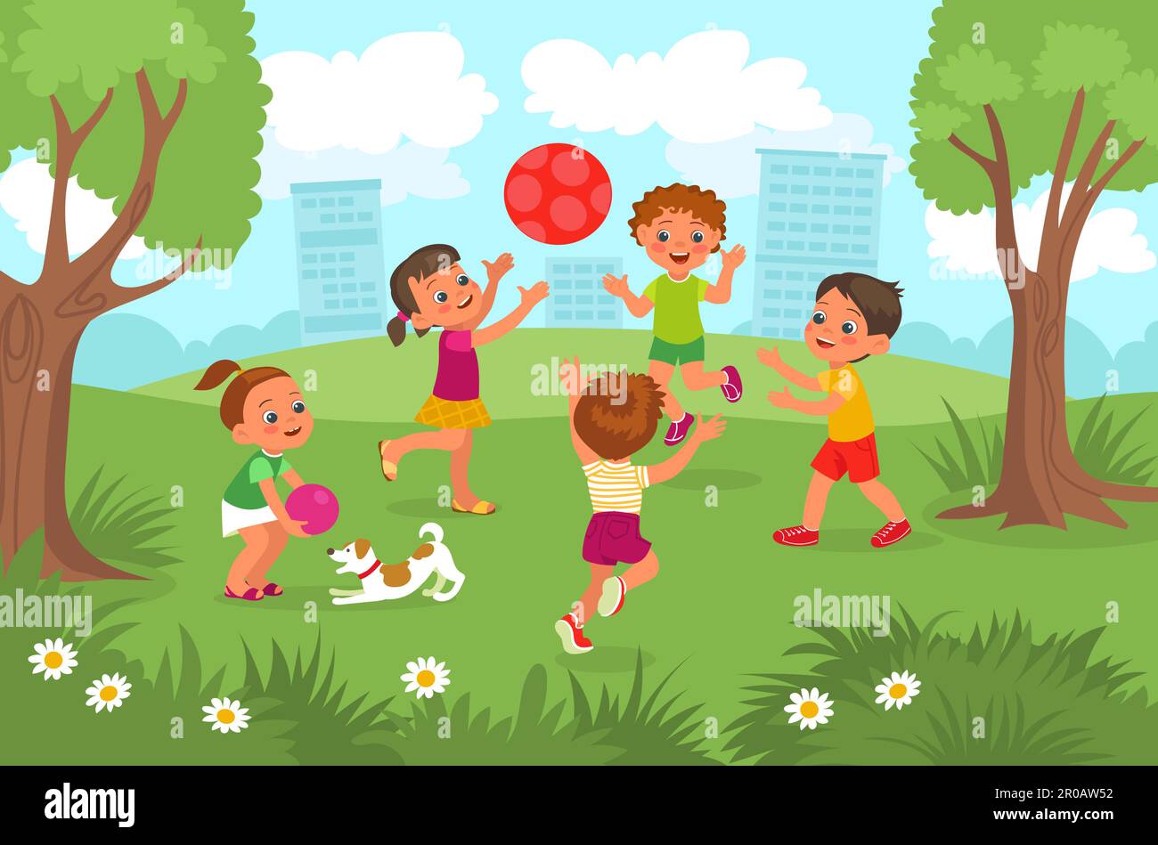 Outdoor kids games. Little funny girls and boys throwing ball in city